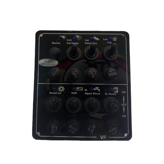 Painel Elétrico Marinizado c/ 8 Botões c/ Fusível e LED Individual - Preto - Vertical - em Acrílico
