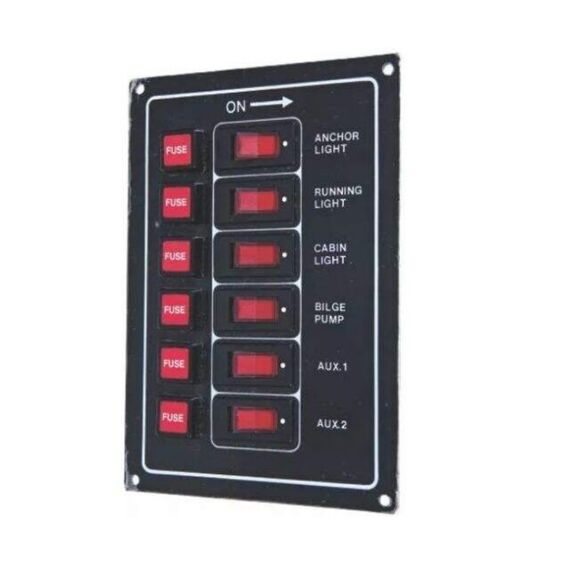 Painel Elétrico Marinizado p/ 6 Botões Iluminados c/ Fusível Individual - em Alumínio Preto