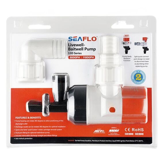 Bomba p/ Viveiro Seaflo Base Giratória c/ Haste Reta de Rosca Curta 1.100 Gph - 4.159 Litros Hora - 12v - Entrada Dupla