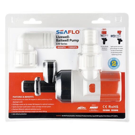 Bomba p/ Viveiro Seaflo Base Giratória c/ Haste Reta de Rosca Longa 800 Gph - 3.028 Litros Hora - 12v - Entrada Dupla