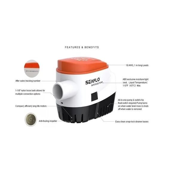 Bomba De Porão c/ Automático Seaflo 600 Gph - 2.271 Litros Hora -24v