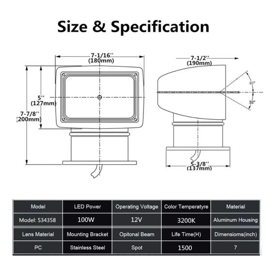 Farol de Busca Direcional p/ Embarcações Com Controle Remoto HID - 24V - Lâmpada 100W