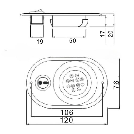 Luz p/ Cabine Interna / Cortesia em Inox de Embutir c/ Interruptor - 12 LEDS - 12 V