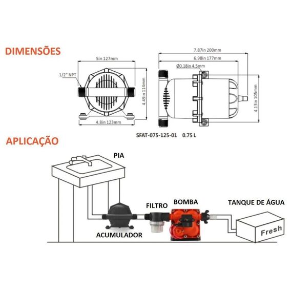 Tanque Acumulador p/ Bomba Pressurizado Seaflo 0.75 Litros - 125psi