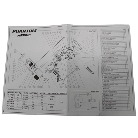 Motor Elétrico Marine PHANTOM - 34 Libras - Haste 36" - AGUA DOCE - COM MEDIDOR / DIGITAL -12V - MODELO : FW PHFW34M