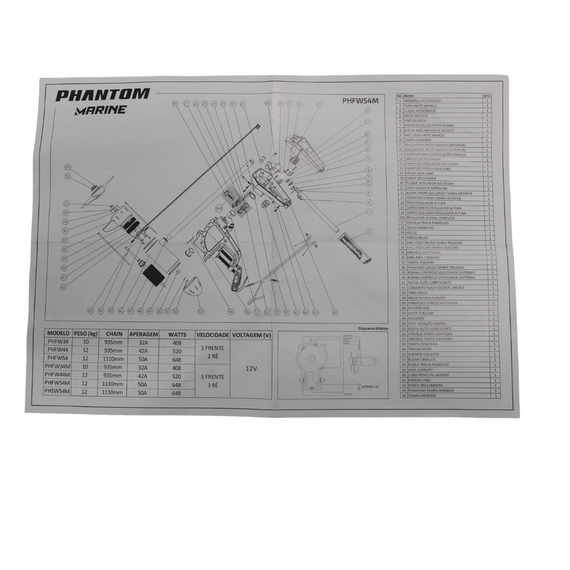 Motor Elétrico Marine PHANTOM - 54 Libras - Haste 42" - AGUA SALGADA - COM MEDIDOR -12V - MODELO: FW PHSW54M