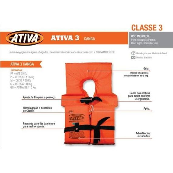 Colete Salva-Vidas Classe III - Tamanho M - Ativa - Homologado
