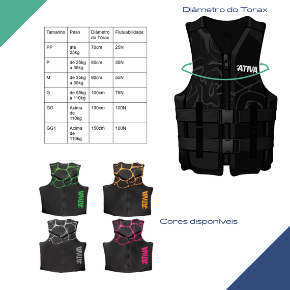 Colete Salva-Vidas Esportivo - Tamanho GG - Ativa 55 - Neoprene NeoAtiva Aqua - Cinza