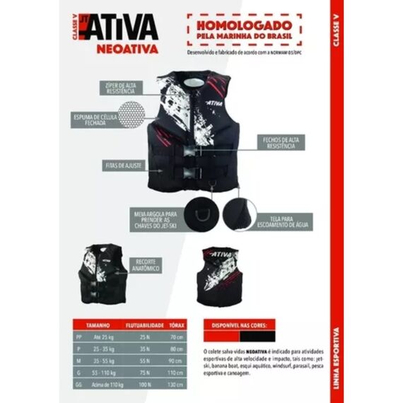 Colete Salva-Vidas Esportivo - Tamanho GG - Ativa 55 - Neoprene Preto/Vermelho