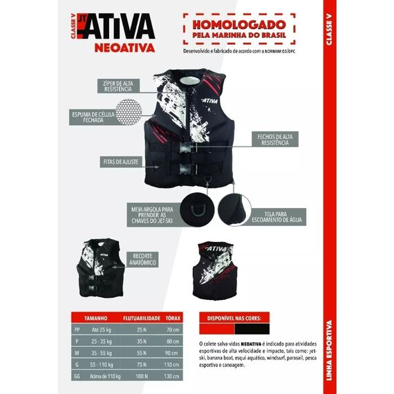 Colete Salva-Vidas Esportivo - Tamanho P - Ativa 55 - Neoprene Preto/Vermelho