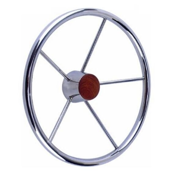 Volante Náutico em INOX c/ Acabamento Central em Madeira - 343mm