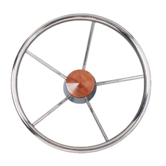 Volante Náutico em INOX c/ Acabamento Central em Madeira - 398mm