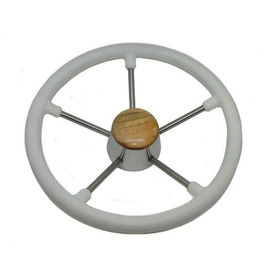 Volante Náutico em Poliuretano Branco c/ Centro em Madeira e Raios em Inox - 300mm