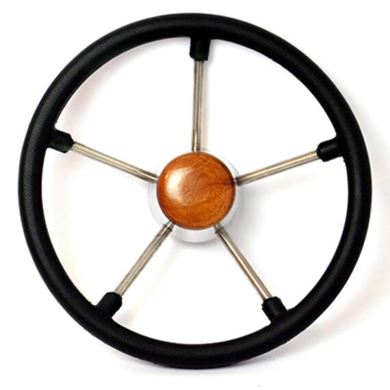 Volante Náutico em Poliuretano Preto c/ Centro em Madeira e Raios em Inox - 300mm