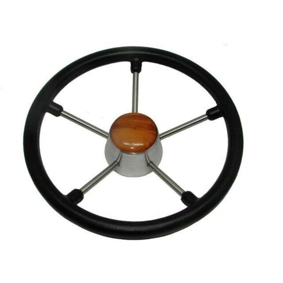 Volante Náutico em Poliuretano Preto c/ Centro em Madeira e Raios em Inox - 300mm