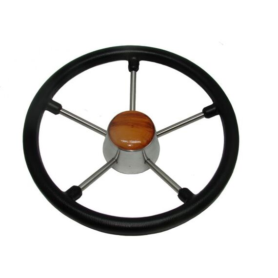 Volante Náutico em Poliuretano Preto c/ Centro em Madeira e Raios em Inox - 350mm
