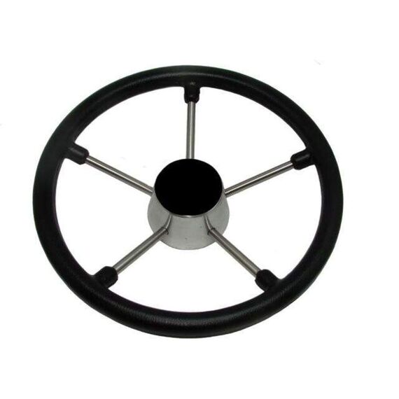 Volante Náutico em Poliuretano Preto c/ Centro Preto e Raios em Inox - 300mm