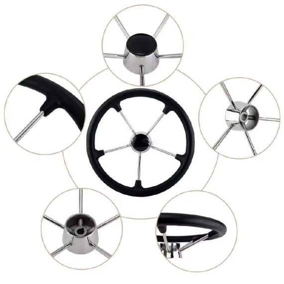 Volante Náutico em Poliuretano Preto c/ Centro Preto e Raios em Inox - 300mm